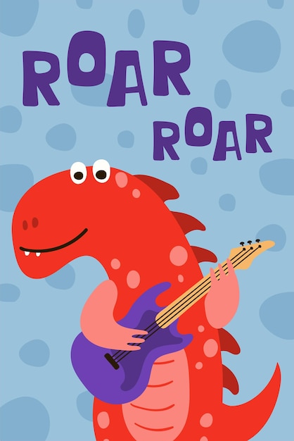 Plakat dla dzieci z zabawnym dinozaurem grającym na gitarze w kreskówkowym stylu. Ładna koncepcja z napisem Roar. Ilustracja do pocztówki projektowej, tekstyliów, koszuli. Wektor