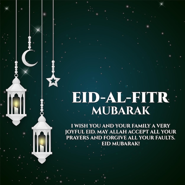 Plakat eid al fitr mubarak z gwiazdami i szablonem lampy