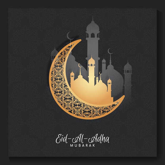 Plik wektorowy plakat eid mubarak z półksiężycem i plakatem meczetu eid