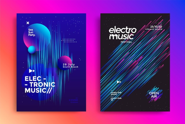 Plakat festiwalu muzyki elektronicznej z abstrakcyjnymi liniami gradientu i elementami dekoracyjnymi.