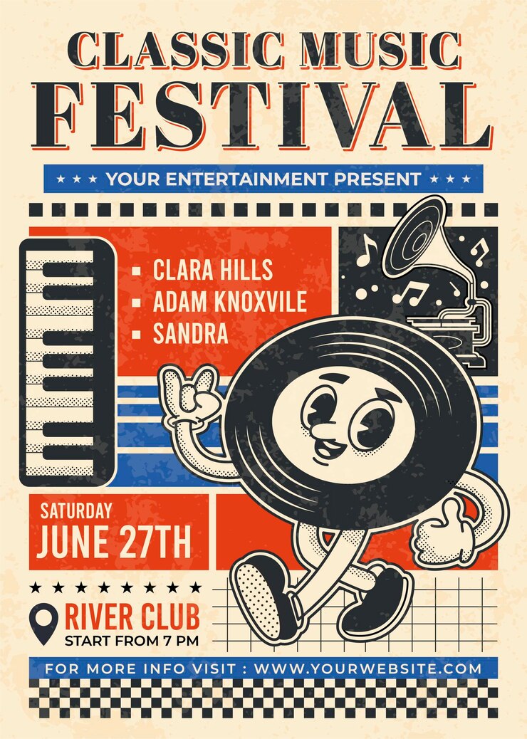 Wektor plakat festiwalu muzyki klasycznej w stylu retro