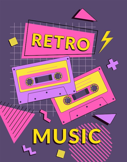 Plakat festiwalu muzyki retro z kasetą i elementami geometrycznymi w stylu Memphis z lat 90