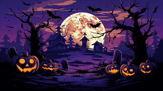 Plik wektorowy plakat halloween z dyniami i księżycem w tle