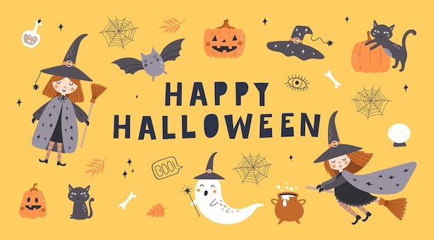 Plakat Halloween z ręcznie rysowanymi elementami z ilustracjami wektorowymi ducha i czarownicy