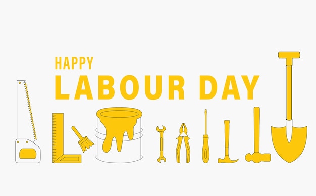 Plakat Happy Labor Day Z Różnymi Narzędziami Zawodowymi, Takimi Jak Ręczna Piła Do Młotków I Szczypce