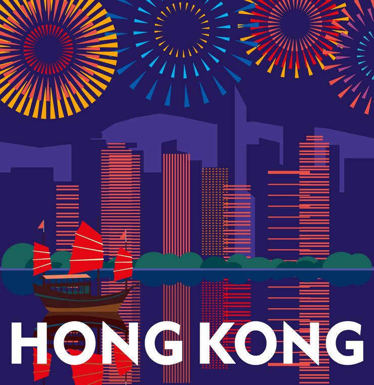 Plakat Hongkong chiński statek płynie na tle nocnego miasta i świątecznych salutów