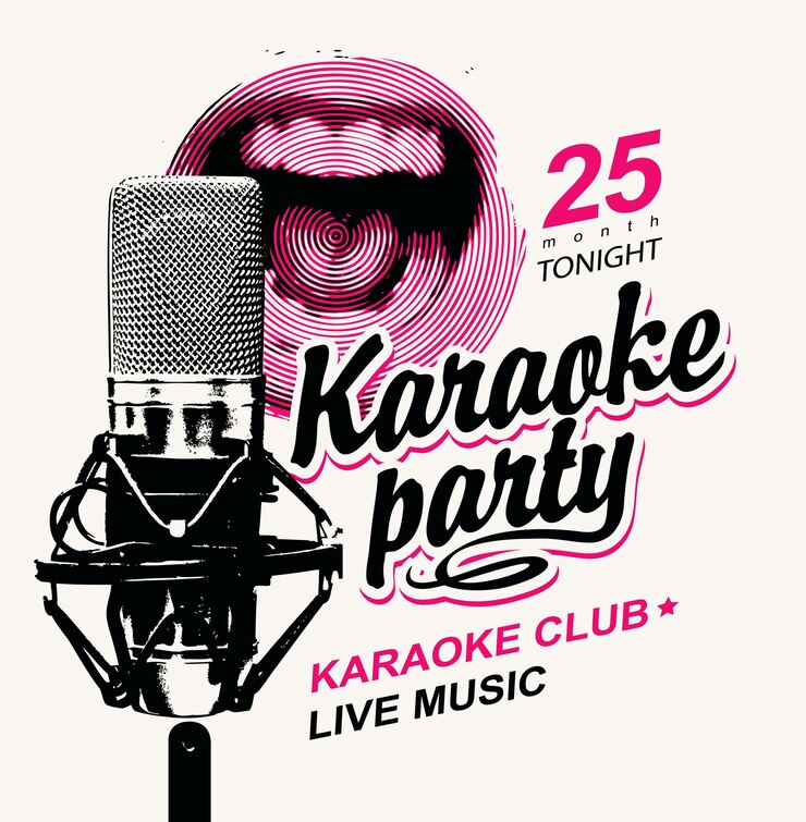 Wektor plakat imprezowy karaoke z mikrofonem i ustami