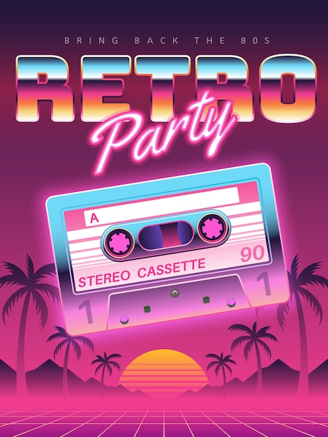 Plakat kasetowy. Retro disco party, baner, ulotka klubu w stylu vintage kasety audio, okładka zaproszenia na festiwal. tło
