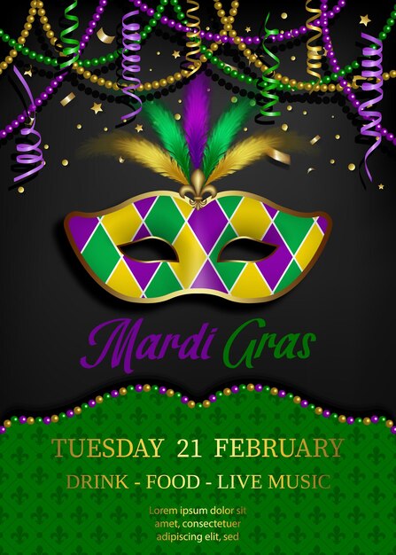 Plik wektorowy plakat mardi gras z perłami i serpentynami. tło mardi gras z maską