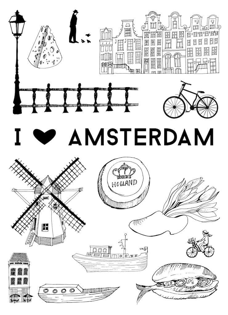 Wektor plakat miasta amsterdam. wektor zestaw zabytków