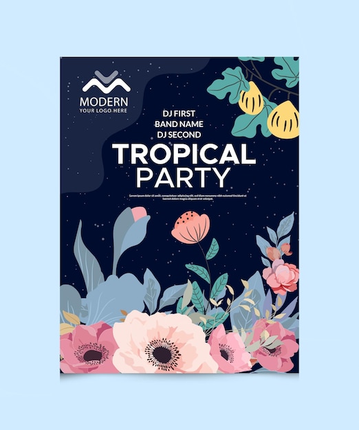 Plik wektorowy plakat na tropikalne przyjęcie z kwiatami i roślinami.