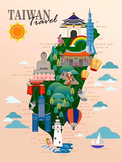 Plakat podróżniczy Tajwan, mapa Tajwanu ze słynnymi atrakcjami. Błogosławiony i szczęśliwy po chińsku na latarni na niebie.