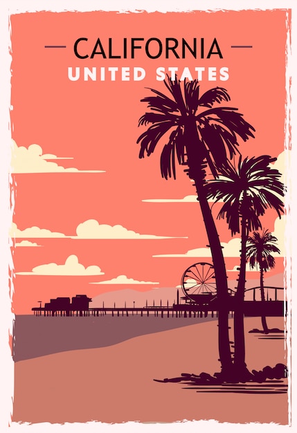 Plik wektorowy plakat retro w kalifornii. ilustracja podróży w kalifornii usa.