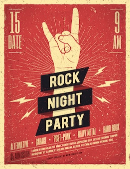 Plakat rock night party. ulotka. ilustracja w stylu vintage.