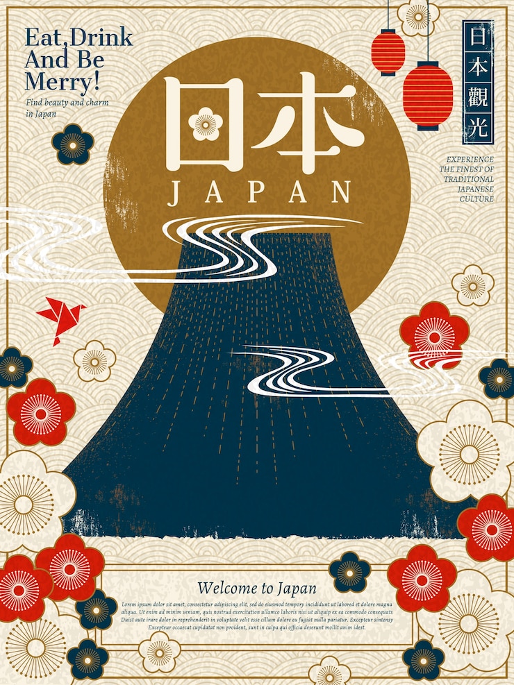 Wektor plakat turystyczny japonii, góra fuji i kwiat wiśni w stylu sitodruku, wycieczka po japonii i nazwa kraju w japońskim słowie w prawym górnym rogu i na środku