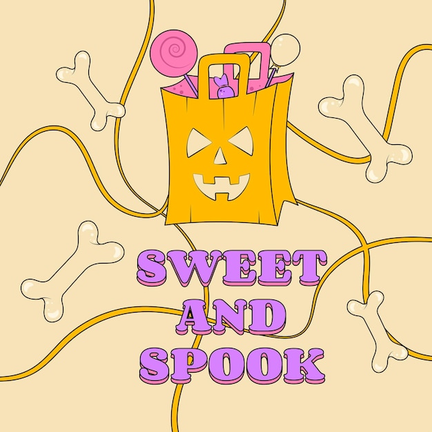 Plakat W Stylu Groovy Sweet And Spook Na Halloween Pakiet świąteczny Z Przysmakami I Słodyczami Latające Kości