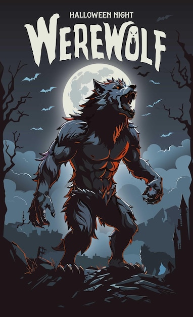 plakat z ilustracją wilkołaka na noc Halloween