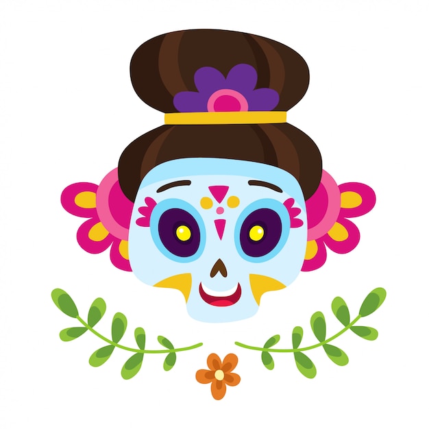 Plik wektorowy plakat z kolorową cukrową czaszką na dzień zmarłych lub halloween na białym tle na meksykańskie wakacje w stylu kreskówkowym.