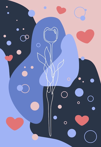 Plakat Z Konturem Kwiatu Tulipana Na Abstrakcyjnym Tle Kółek W Kształcie Serca