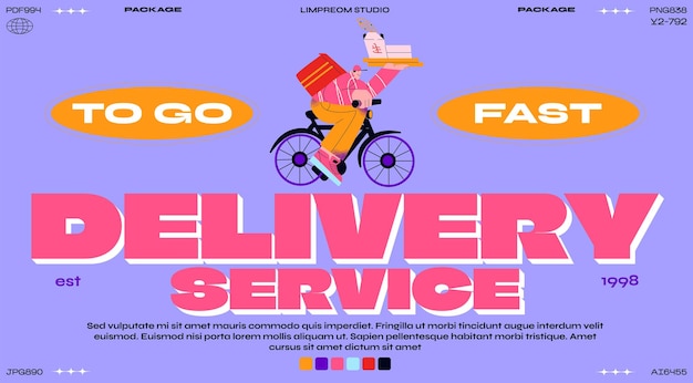 Plik wektorowy plakat z kreskówek szybka dostawa dostawa żywności człowiek transparent postać na rowerze koncepcja e-commerce online