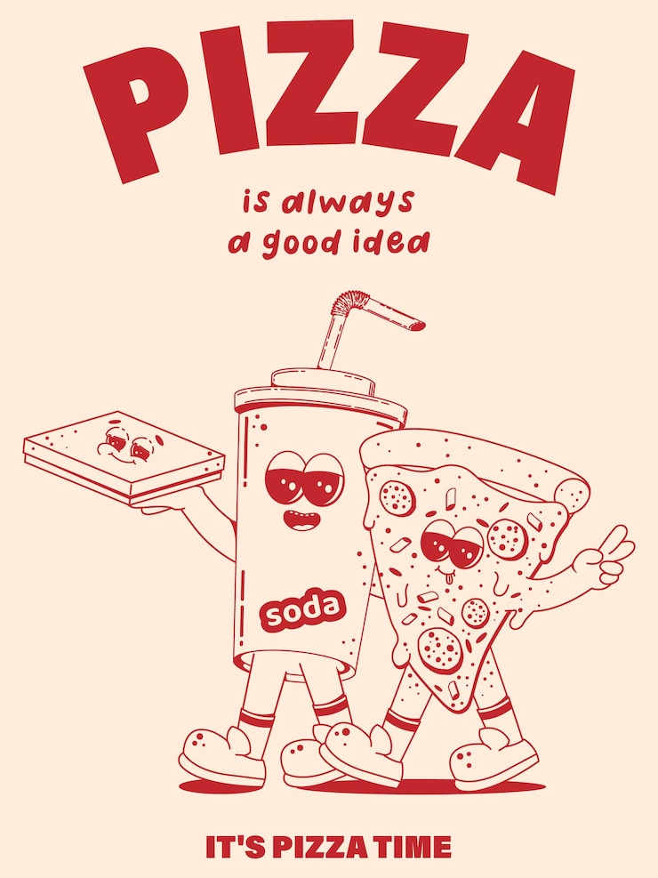 Wektor plakat z modnymi postaciami fast foodów z kreskówek retro w stylu liniowym bez cieni