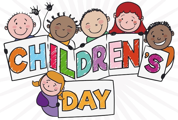 Plakat Z Przyjaznymi, Wieloetnicznymi Dziećmi Trzymającymi Znak Powitalny Na świętowanie Dnia Dziecka
