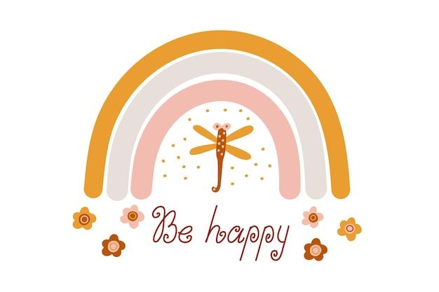 Plakat Z Tęczą Boho Ozdobiony Ważką I Napisem Be Happy