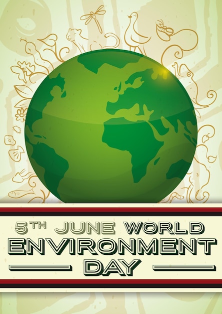 Plik wektorowy plakat z zieloną ziemią i światowym dniem ochrony środowiska i bazgrołami w tle