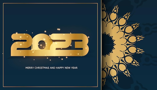Plakat z życzeniami szczęśliwego nowego roku 2023 Kolor niebieski i złoty