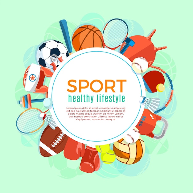 Plik wektorowy plakat ze sprzętem sportowym i do gier ilustracja wektorowa narzędzi i elementów zdrowego stylu życia