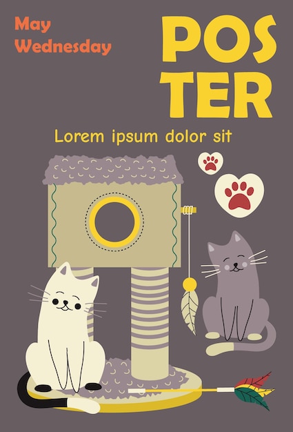 Plik wektorowy plakatowy projekt szablonu transparentu z zabawką do ostrzenia z piórami kota z kołnierzem i tekstem typografia