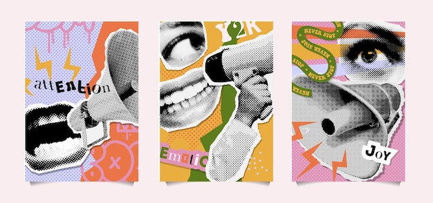 Plakaty W Stylu Retro W Stylu Mieszanym Z Kolażami Punk Pop-art Z Kobiecym Okiem I Ustami Megafonem