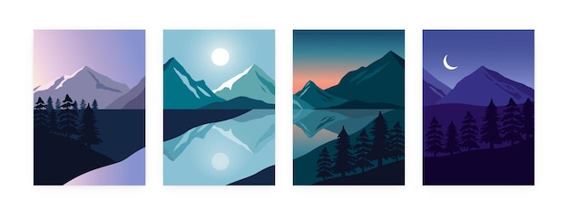 Plakaty z krajobrazem w ciągu dnia Minimalistyczny świt popołudniowy zachód słońca i nocne plakaty z pojedynczym krajobrazem górskim Zestaw wektorowy
