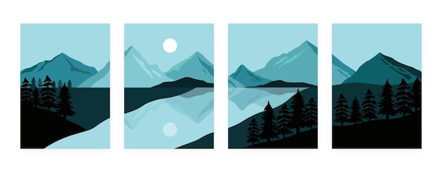 Plakaty z pejzażem górskim Pojedynczy obraz minimalistyczny nocny krajobraz z górskim jeziorem i sosnowym drewnem Zestaw wektorów