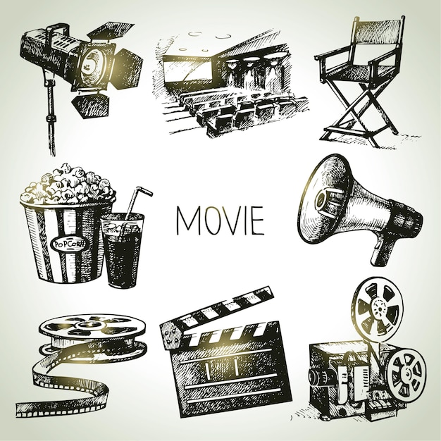 Plan filmowy i filmowy. Ręcznie rysowane ilustracje vintage