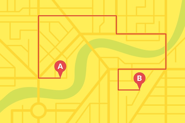 Plan Mapy Miasta Z Pinami Gps I Trasą Nawigacyjną Od Znaczników Punktu A Do B. Wektor żółty Kolor Schematu Ilustracji Eps