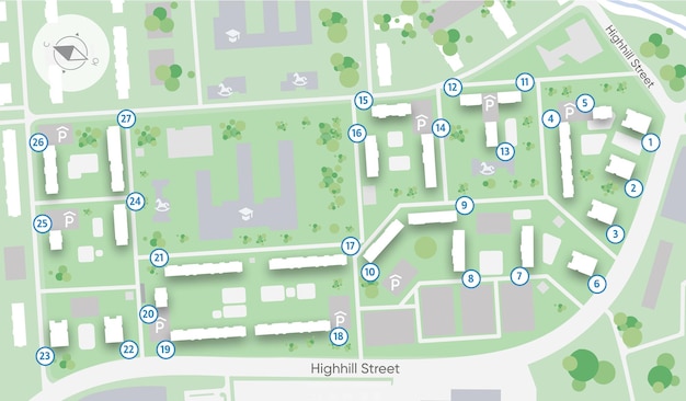 Plik wektorowy plan miasta terenu z przeznaczeniem parków, ulic, domów, socjalnych