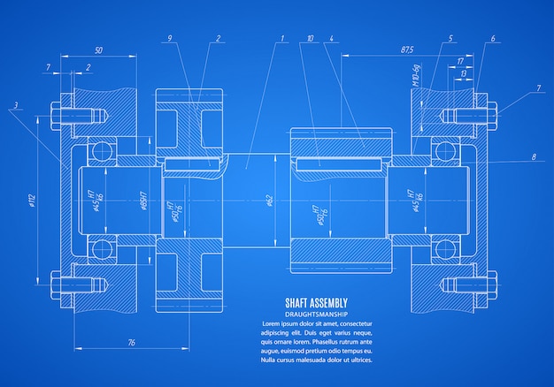 Plan Montażu Wału, Rysunek Techniczny Projektu Na Niebieskim Tle
