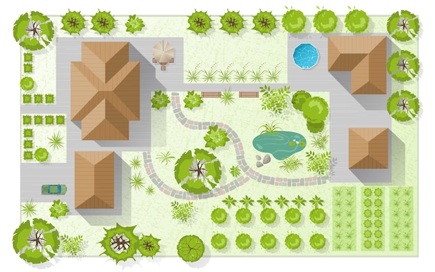 Plan Projektowania Krajobrazu Z Domowym Dziedzińcem, Trawnikiem I Widokiem Z Góry Garażu Bardzo Szczegółowy Plan Kraju Z Basenem Z Nowoczesnym Domkiem W Ogrodzie Wektorowa Ilustracja Miasta Mapa Miasta Wsi