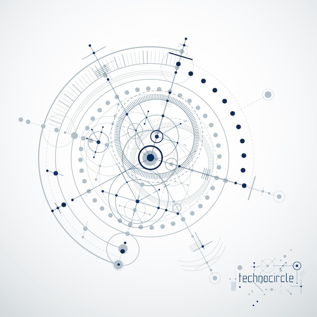 Plan Techniczny, Abstrakcyjny Szkic Inżynierski Do Wykorzystania W Grafice I Projektowaniu Stron Internetowych. Wektor Rysunek Systemu Przemysłowego Stworzony Z Linii I Okręgów.