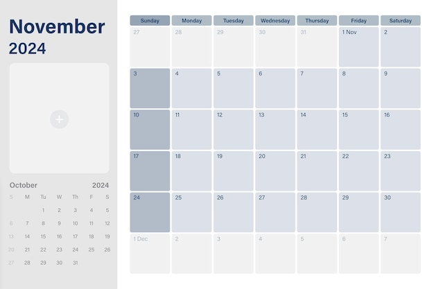 Plik wektorowy planer biurka kalendarza listopada 2024 z miejscem dla twoich zdjęć tygodnie zaczynają się w niedzielę
