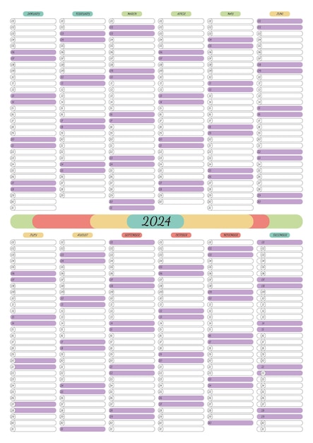 Plik wektorowy planer kalendarza na rok 2024 w formacie pionowym z możliwością nagrywania przez 12 miesięcy