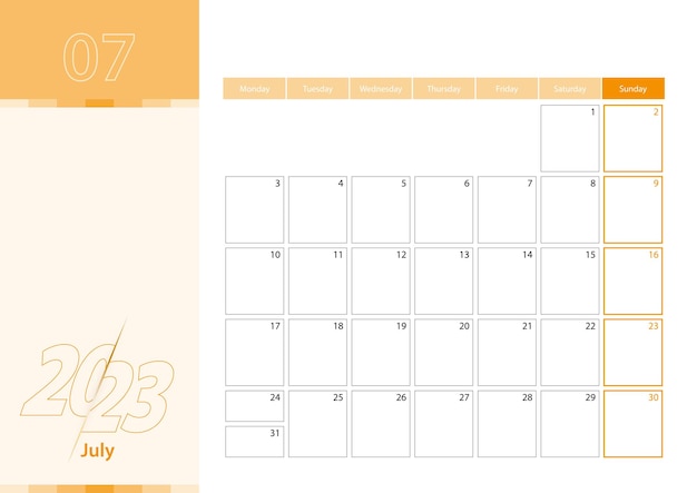 Plik wektorowy planer poziomy na lipiec 2023 w pomarańczowej kolorystyce tydzień zaczyna się w poniedziałek kalendarz ścienny w minimalistycznym stylu