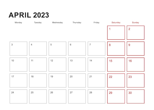Planer ścienny Na Kwiecień 2023 W Języku Angielskim Tydzień Zaczyna Się W Poniedziałek