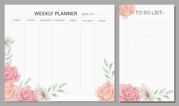 Plik wektorowy planer tygodniowy róża akwarela kwiat