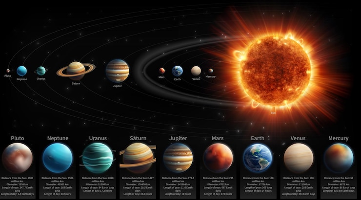 Wektor planeta kosmiczna układ słoneczny wszechświat galaktyka infografika ziemska mapa astronomia baner orbita neptun księżyc jowisz uran i gwiazdy saturn i słońce asteroida pierścień astrologia wektorowa ilustracja
