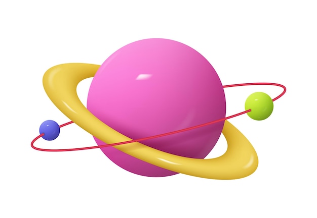 Planeta z pierścieniem wokół i krążącymi wokół mini planetami