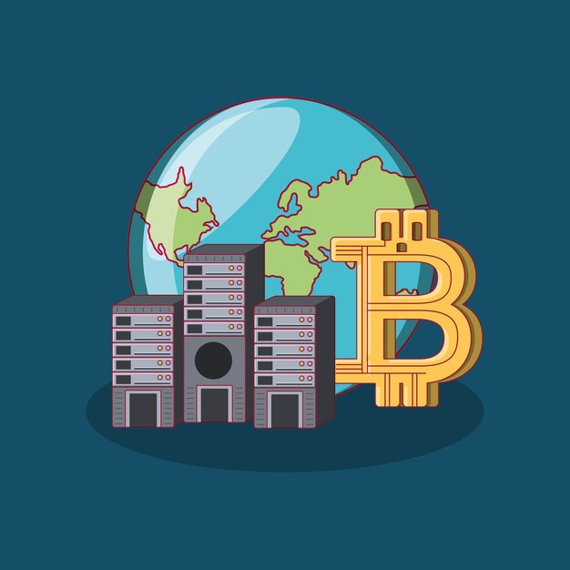planeta ziemia z serwerami danych i bitcoin symbolem