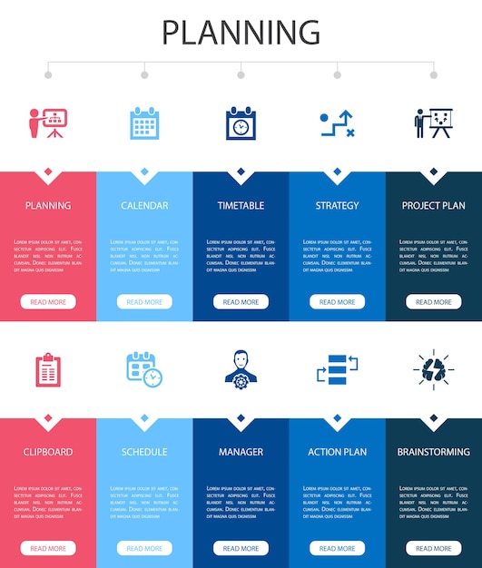 Planowanie Infografika 10 Opcji Projektowania Interfejsu Użytkownika. Kalendarz, Harmonogram, Harmonogram, Proste Ikony Planu Działania