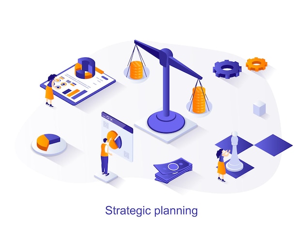 Planowanie strategiczne izometryczne koncepcja sieci Ludzie tworzą skuteczną strategię analizują finanse